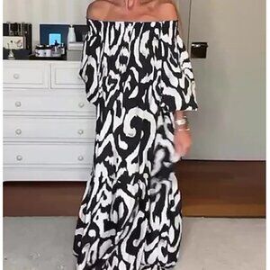 H&M Oversized Off-the-shoulder Color Block Print Dress